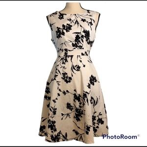 White Sleeveless Midi Dress Black Floral Tie Waist